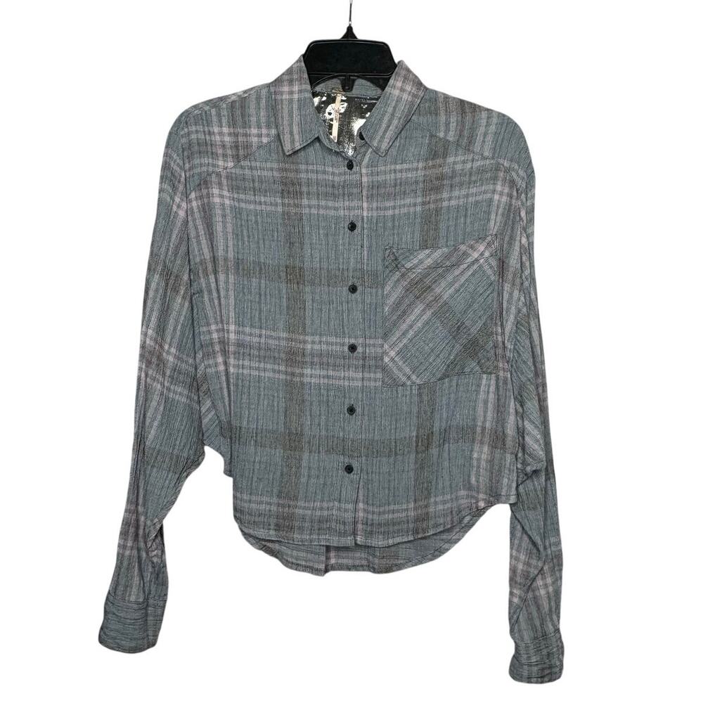 Free People Plaid Woven Cotton Button Up Metallic Pleat Batwing Top Size XS